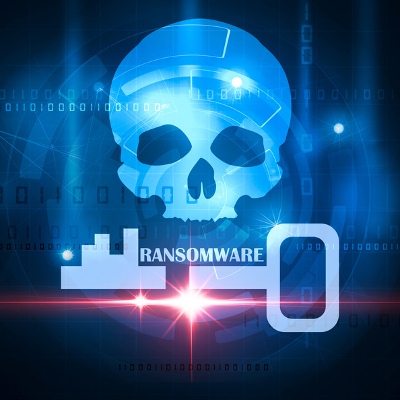 skull with a key under it with the word Ransomware