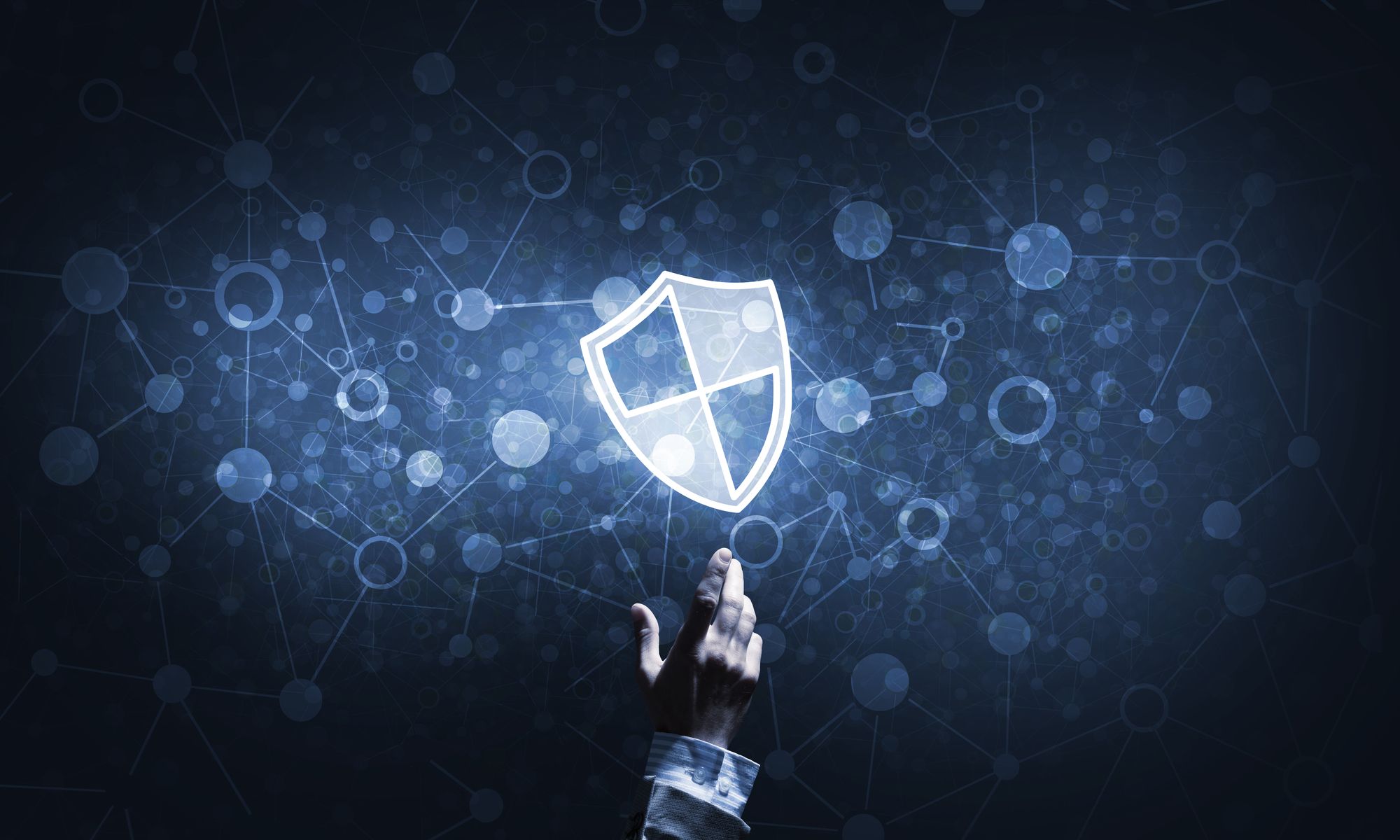 Cybersecurity Artwork - Hand reaching towards a Cyber Shield.