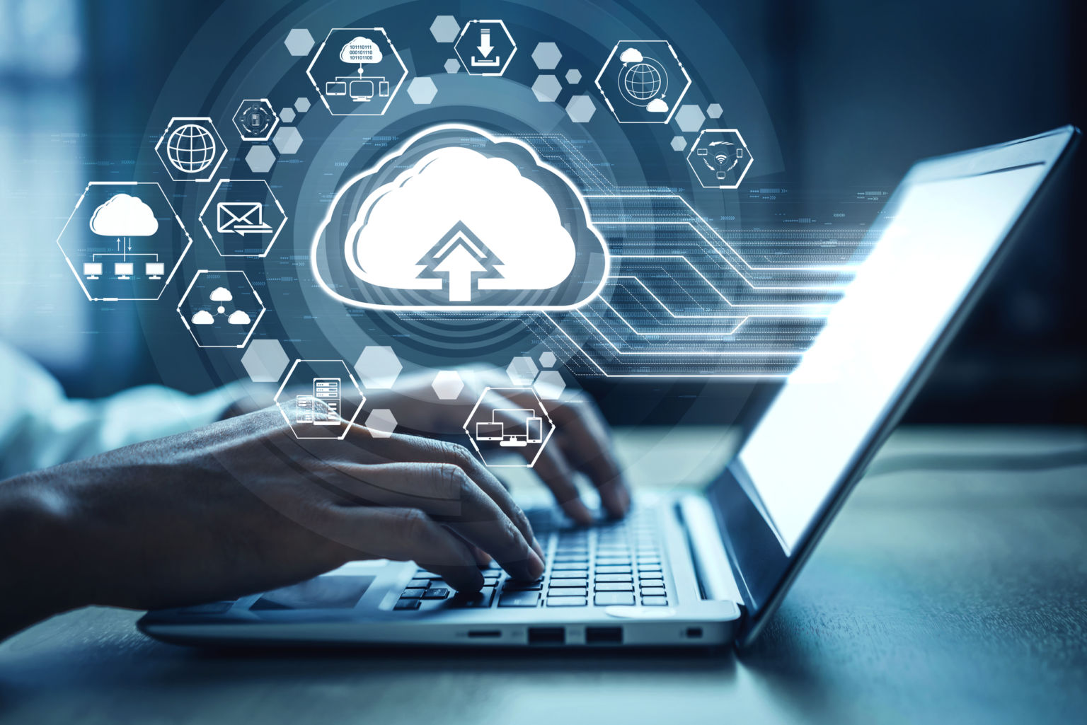 Cloud computing technology and online data storage for business network concept. Computer connects to internet server service for cloud data transfer presented in 3D futuristic graphic interface.